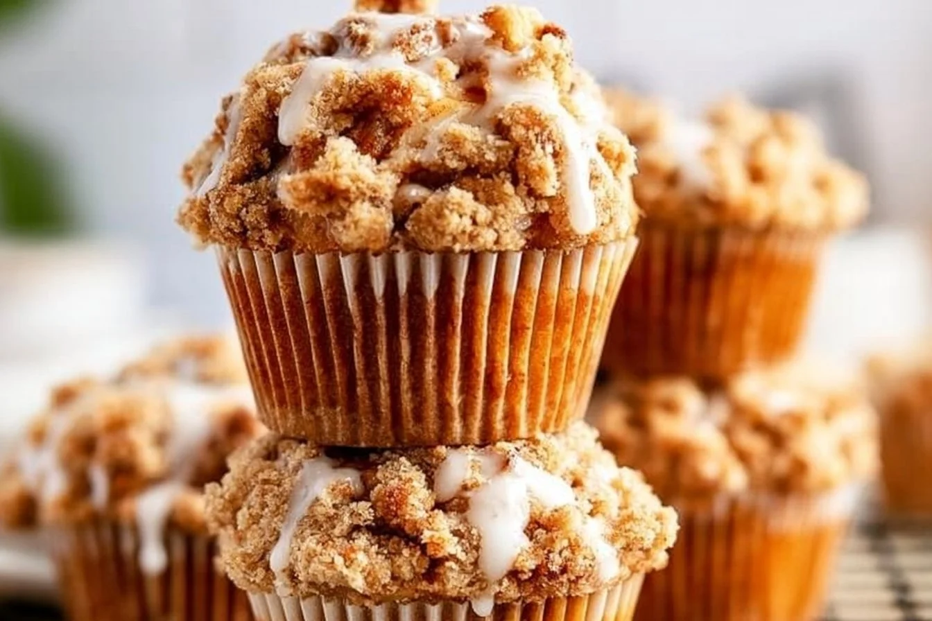 Freshly baked apple crumble muffins with a crunchy topping and apple filling