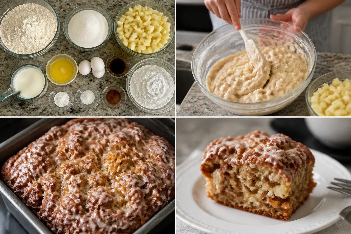 Delicious Apple Fritter Cake topped with icing and apple chunks