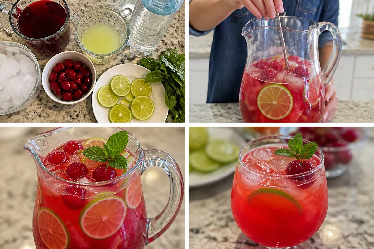 Glass of Cherry Limeade garnished with cherries and lime slices.