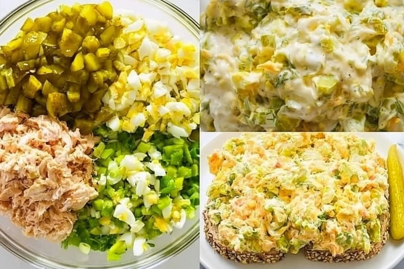 Chicken salad with dill pickles served in a bowl, garnished with herbs