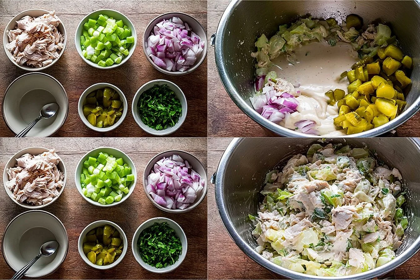 A bowl of creamy chicken salad with fresh vegetables and herbs