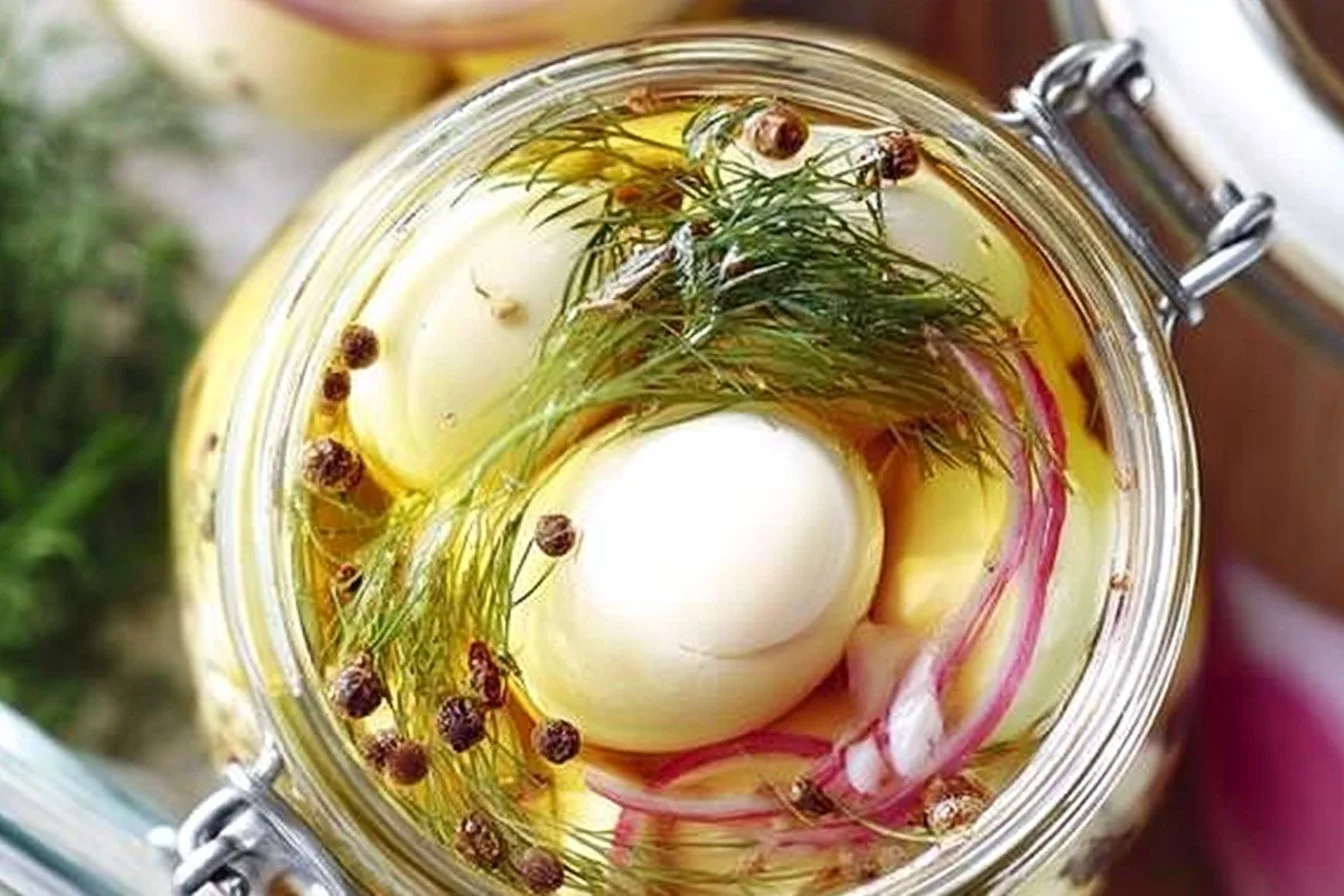 Jar of homemade pickled eggs with spices and herbs