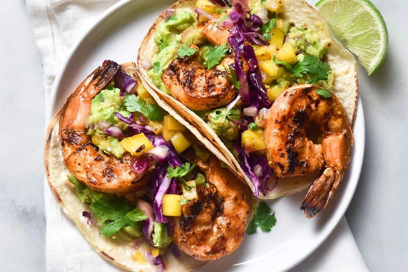 Plate of spicy shrimp tacos with mango slaw and fresh ingredients