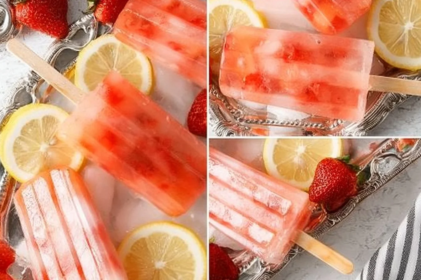 Homemade strawberry lemonade popsicles in a vibrant summer setting