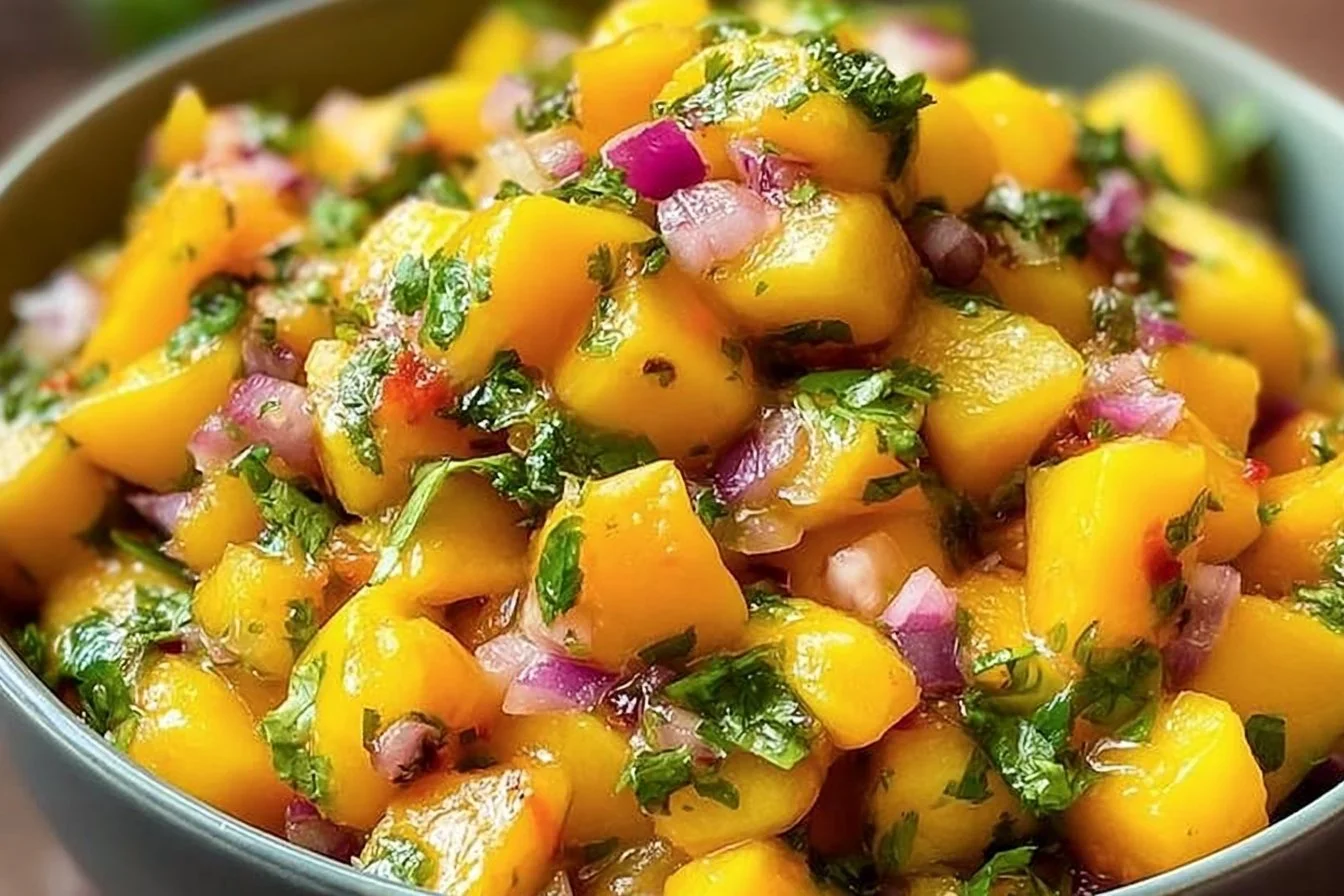 Fresh mango salsa served in a bowl with cilantro and lime wedges